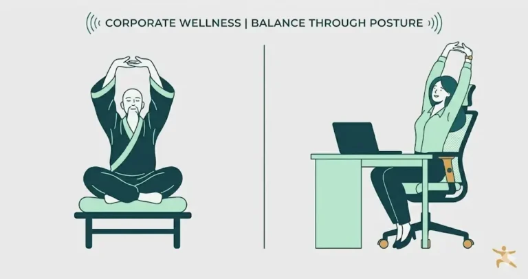 Split screen illustration of an ancient Tai-Chi master and a modern office worker doing desk exercises to prevent a sedentary lifestyle.