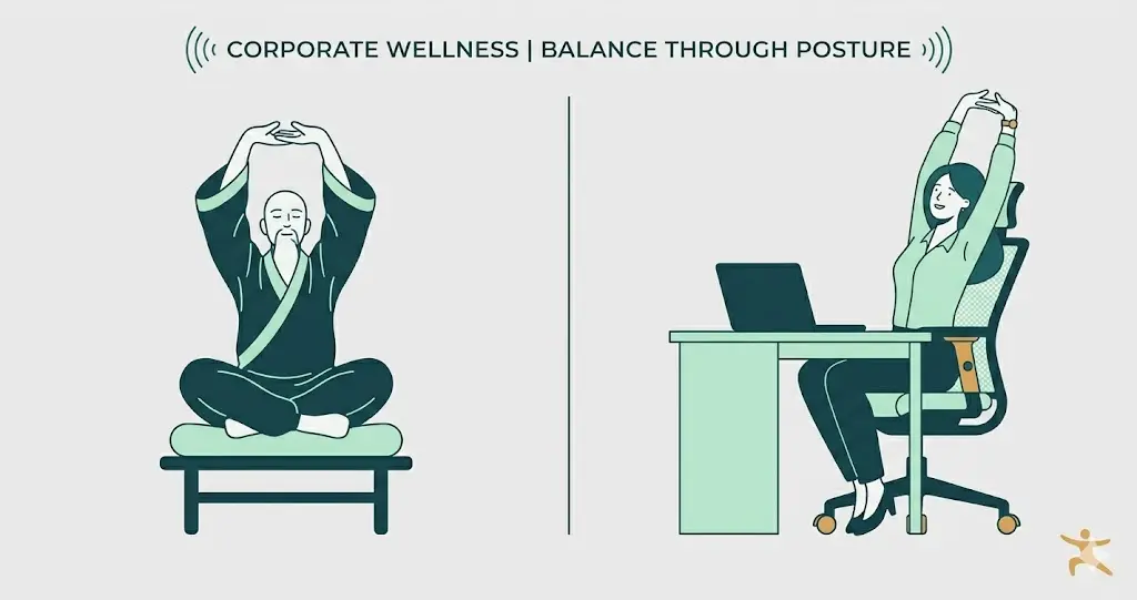 Split screen illustration of an ancient Tai-Chi master and a modern office worker doing desk exercises to prevent a sedentary lifestyle.