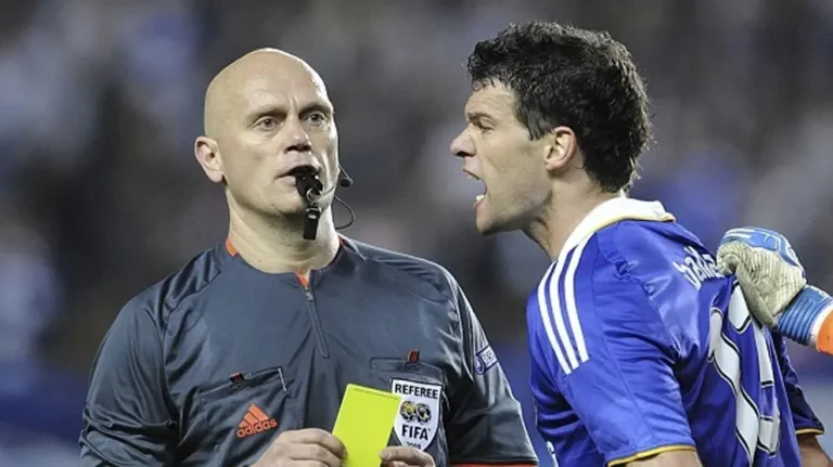 Graphic image of Chelsea's Michael Ballack furiously chasing referee Tom Henning Øvrebø after a handball was not called in the controversial Champions League match against Barcelona in 2009.