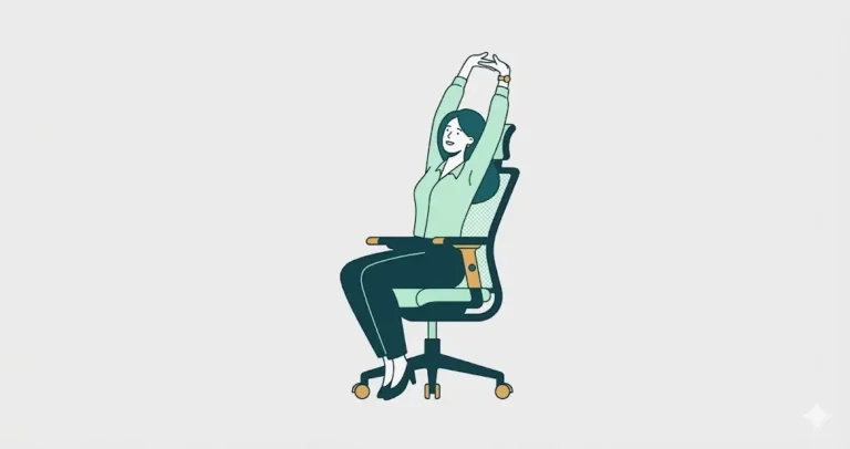 Office worker doing a 3-minute desk stretch to relieve neck tension and fix posture.