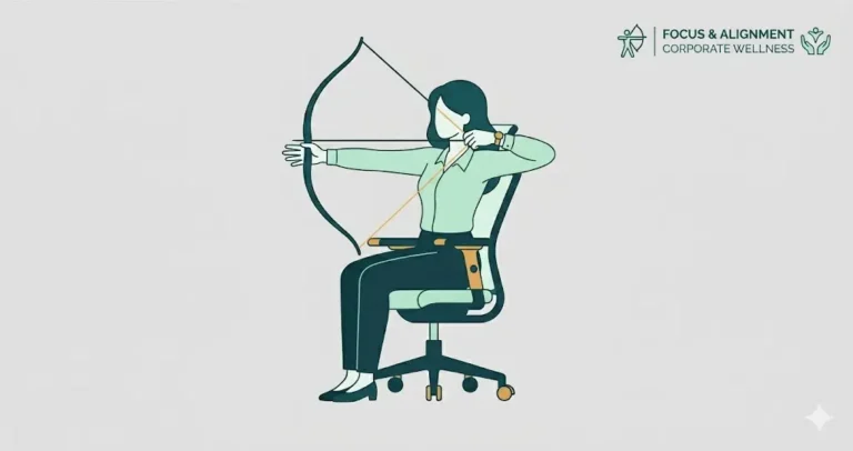 Office worker doing a seated archery stretch to relieve shoulder blade pain and open the chest.