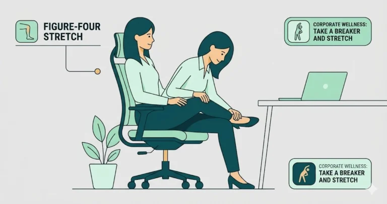 Office worker performing a seated figure four stretch to relieve sciatica and piriformis pain.