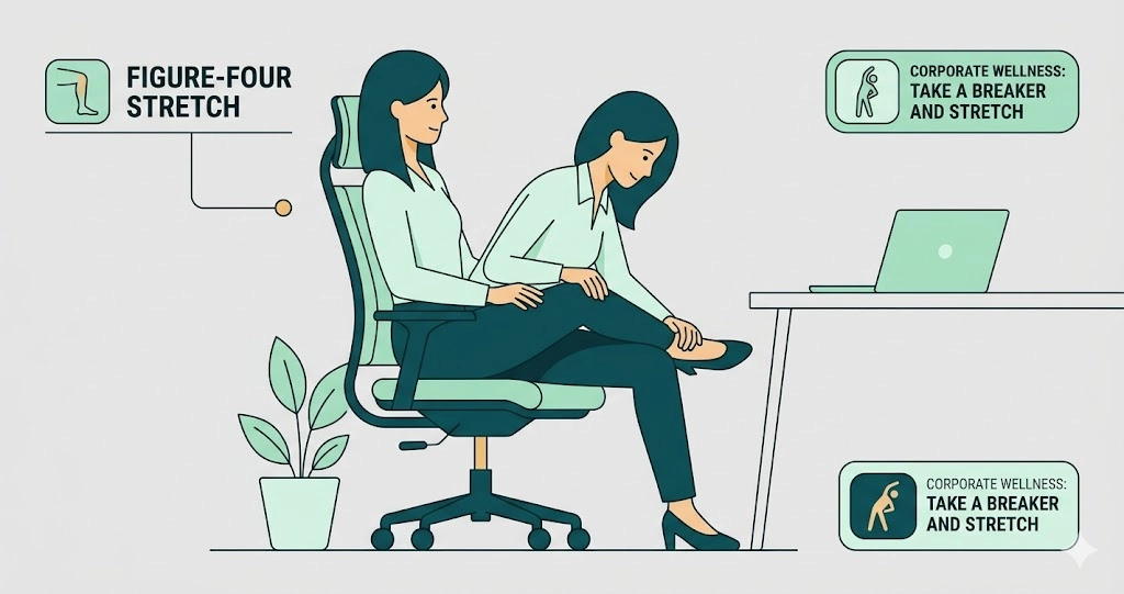 Office worker performing a seated figure four stretch to relieve sciatica and piriformis pain.