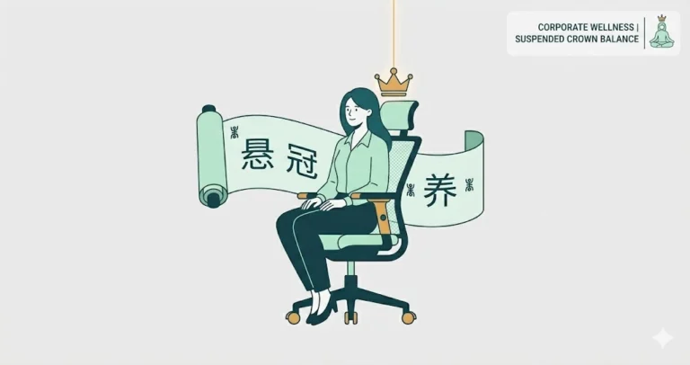 Ancient Tai Chi scroll and modern office chair illustrating perfect passive desk posture.