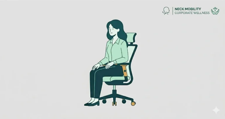 Office worker performing a seated neck rotation stretch to relieve tech neck and cervical tension.