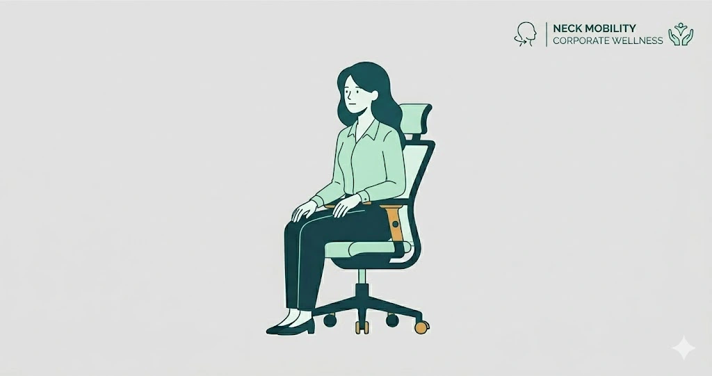 Office worker performing a seated neck rotation stretch to relieve tech neck and cervical tension.