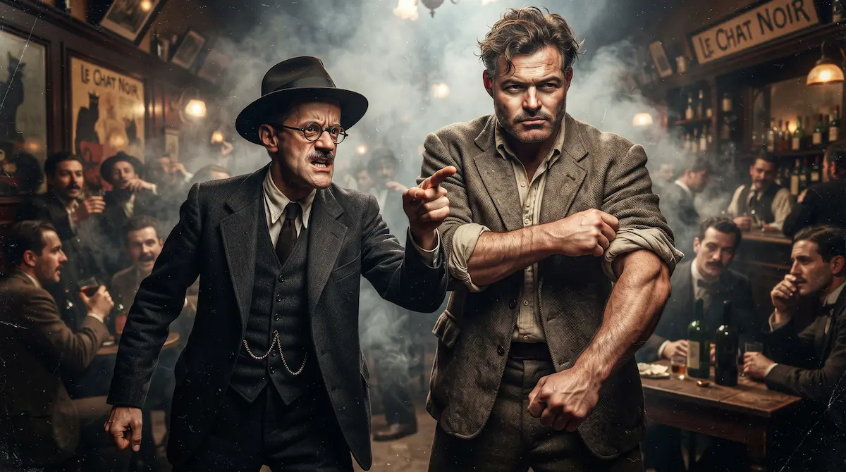 James Joyce provoking a fight in a Paris bar while a burly Ernest Hemingway prepares to defend him.